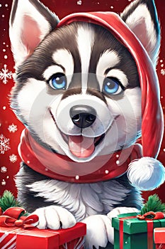 Merry christmas and happy holidays greeting card. Cute husky puppy in the winter forest with gifts for a happy Christmas and New