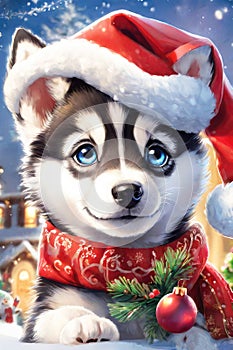 Merry christmas and happy holidays greeting card. Cute husky puppy in the winter forest with gifts for a happy Christmas and New