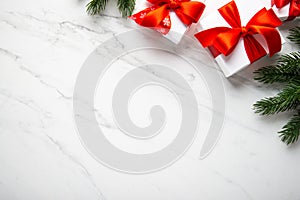 Merry Christmas and Happy Holidays greeting card, frame, banner. New Year. Noel. Christmas gifts and red decor on white marble