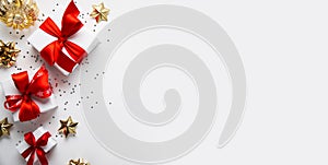 Veselý a šťastný dovolenka blahoprajná pohľadnica rámik reklamný formát primárne určený pre použitie na webových stránkach. nový. vianoce. vianočné darčeky a zlatý výzdoba na bielom 