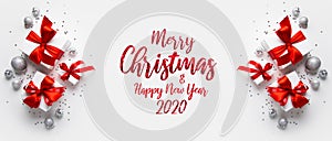 Merry Christmas and Happy Holidays greeting card, frame, banner. New Year. Noel. Christmas gifts and silver, red decor on white