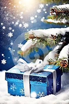 Merry christmas and happy holidays greeting card. New Year. Winter xmas holiday theme with christmas blue handmade gift