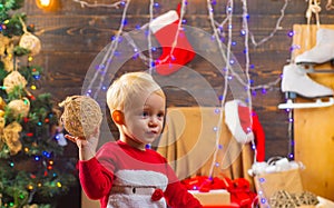 Merry Christmas and Happy Holidays. Happy child with christmas gift box. Christmas story concept. The morning before