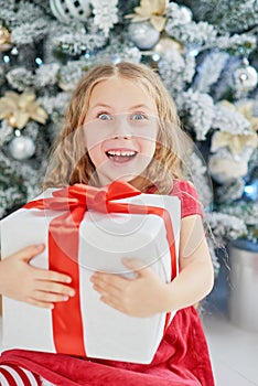 Merry Christmas and Happy Holidays. Happy smiling girl with christmas gift box