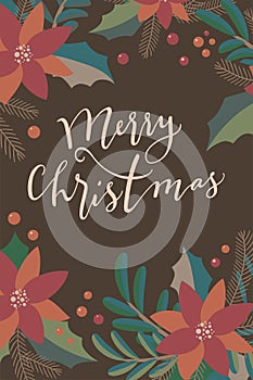 Merry Christmas. Happy Holidays retro style vintage hand drawn greeting card, gift tag, postcard, poster in neutral terracotta