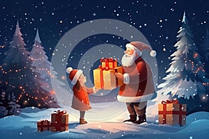 Merry Christmas and Happy Holidays! Santa Claus will give a gift to a little girl. Winter mood and gifts for christmas and new