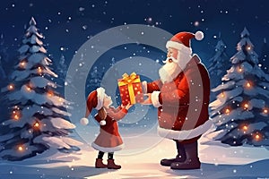 Merry Christmas and Happy Holidays! Santa Claus will give a gift to a little girl. Winter mood and gifts for christmas and new