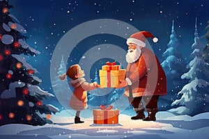 Merry Christmas and Happy Holidays! Santa Claus will give a gift to a little girl. Winter mood and gifts for christmas and new