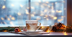 Merry Christmas and happy holidays, Window with a cup of hot drink, new year decoration. Generative AI