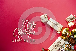 Merry Christmas and happy holidays xmas gifts. Baubles, presents, candy with christmas ornaments. Top view. Christmas family