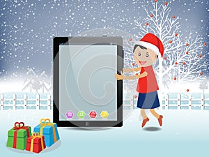 Merry christmas with happy kids and tablet