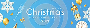 Merry Christmas and Happy New 2021 Year poster template with 3D realistic champagne glasses, snowflakes, clock and balls