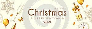 Merry Christmas and Happy New 2021 Year poster template with 3D realistic champagne glasses, snowflakes, clock and balls