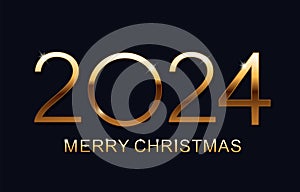 Merry Christmas and Happy New 2024 Year. Elegant gold text with light