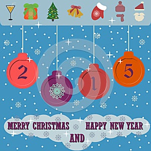 Merry Christmas and Happy New Year 2015 background with flat christmas icons