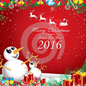 Merry Christmas and Happy New Year 2016. Two snowman in winter on red background.