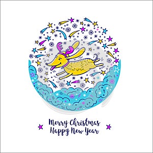 Merry Christmas and Happy New Year 2018, dog symbol. Vector hand drawn doodles