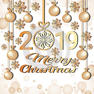 Merry christmas happy new year 2019 concept golden balls snowflakes decoration greeting card