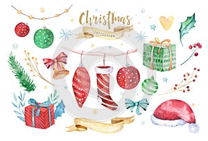 Merry Christmas and Happy New Year 2019 decoration winter set. Watercolor holiday background. Xmas element card