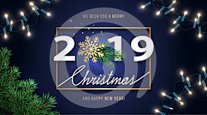 Merry Christmas and Happy New Year 2019 greeting card. Christmas Background with Season Wishes, Shining Gold Snowflake, Realistic