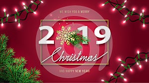 Merry Christmas and Happy New Year 2019 greeting card. Christmas Background with Season Wishes, Shining Gold Snowflake, Realistic