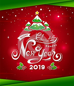 Merry Christmas and Happy New Year 2019 white hand lettering text with Christmas tree on red background.Greeting card design-Vecto