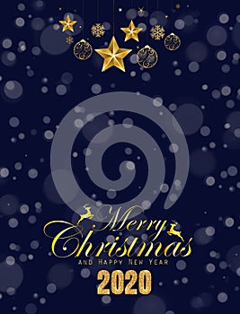 Merry Christmas and happy new year 2020 card with bokeh background in blue and golden