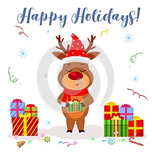 Merry Christmas and Happy New Year 2020 greeting card. Cute reindeer in a hat and a Santa scarf holds a box with a gift on a