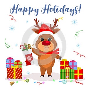Merry Christmas and happy new year 2020 greeting card. Cute reindeer in a hat and scarf Santa Claus holding a sock with gifts on a