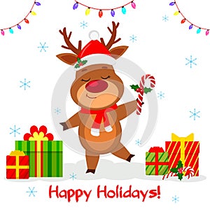 Merry Christmas and Happy New Year 2020 greeting card. Cute reindeer Santa hat and scarf holding a lollipop on the background of