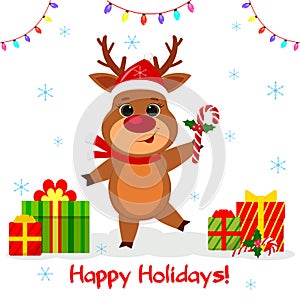 Merry Christmas and happy new year 2020 greeting card. Cute reindeer in santa hat and scarf holds a lollipop on the background of