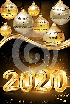 Merry Christmas and Happy New Year 2020 written in several languages. Corporate greeting card