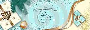 Merry Christmas and Happy New Year 2020, Xmas vector banner viewed from above, mockup for holiday illustration design, light backg