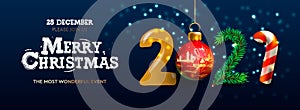 Merry Christmas and Happy New Year 2021 banner, Xmas festive decoration. Horizontal Christmas posters, cards, headers