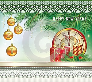 Merry Christmas and Happy New Year 2021. Christmas card with gift boxes, candles and clocks on the background of fir branches.