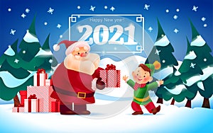 Merry Christmas and Happy new year 2021 illustration with Santa Claus give presents to little smiling boy on winter forest landsca