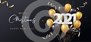 Merry Christmas and Happy New Year 2021 vector illustration with sparkling confetti, tinsel, gold and black 3d re