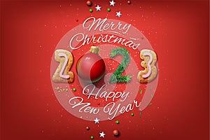Merry Christmas and Happy New Year 2023 banner, red background