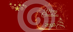 Merry Christmas and happy new year 2023 greeting card with christmas decoration and copy space for design