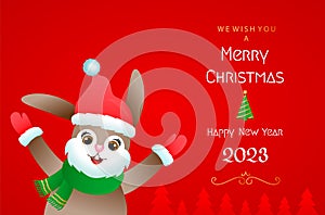 Merry Christmas and Happy New Year 2023 greeting card. Cute rabbit dressed as Santa. vector illustration