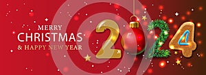 Merry Christmas and Happy New Year 2024 banner. Horizontal Christmas posters, cards, headers, website. Vector
