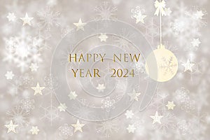 Merry Christmas and Happy New Year 2024 card background texture design with abstract blurred festive beige and yellow bokeh