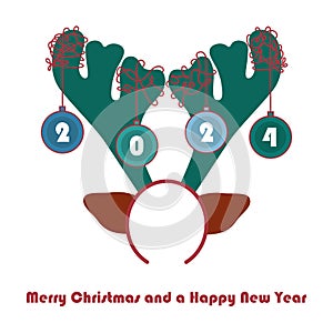 Merry Christmas and a Happy New Year 2024 card with reindeer antlers headband