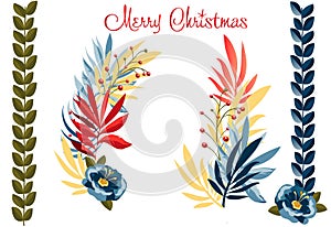 Merry Christmas Happy New Year 2024 Decoration Christmas berry plant, ribbon, birds flowers wreath, border, sales, set scrapbook