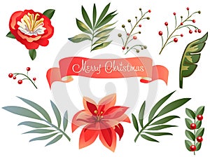 Merry Christmas Happy New Year 2024 Decoration Christmas berry plant, ribbon, birds flowers wreath, border, sales, set scrapbook