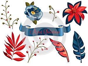 Merry Christmas Happy New Year 2024 Decoration Christmas berry plant, ribbon, birds flowers wreath, border, sales, set scrapbook