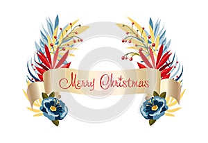 Merry Christmas Happy New Year 2024 Decoration Christmas berry plant, ribbon, birds flowers wreath, border, sales, set scrapbook