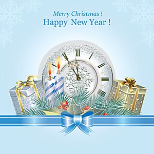 Merry Christmas and Happy New Year 2024. Festive background with gift boxes, candles and clock on fir branches.