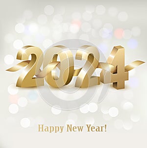 Merry Christmas and Happy New Year 2024. Golden 3D numbers with gold ribbon
