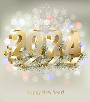 Merry Christmas and Happy New Year 2024. Golden 3D numbers with gold ribbon